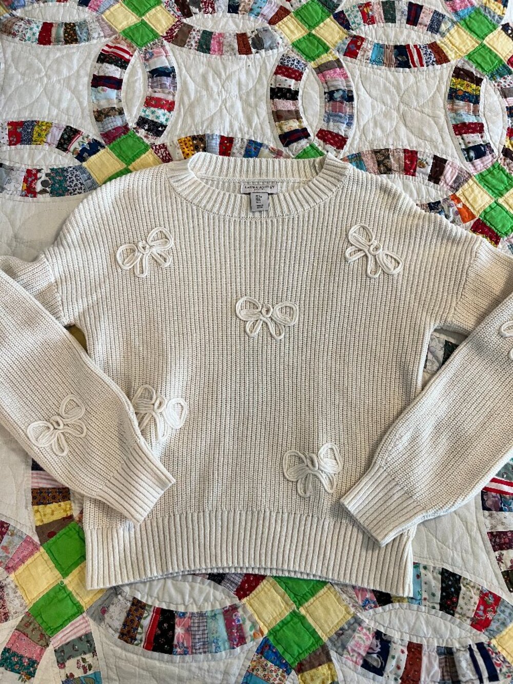 Laura Ashley Cream Cotton Bow Sweater Small